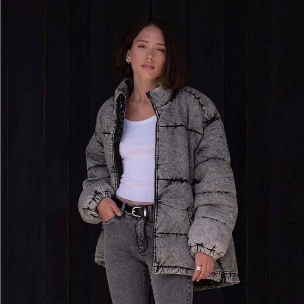 LNDN Denim Grey Acid Wash Puffer Jacket size XS OVERSIZED NWT